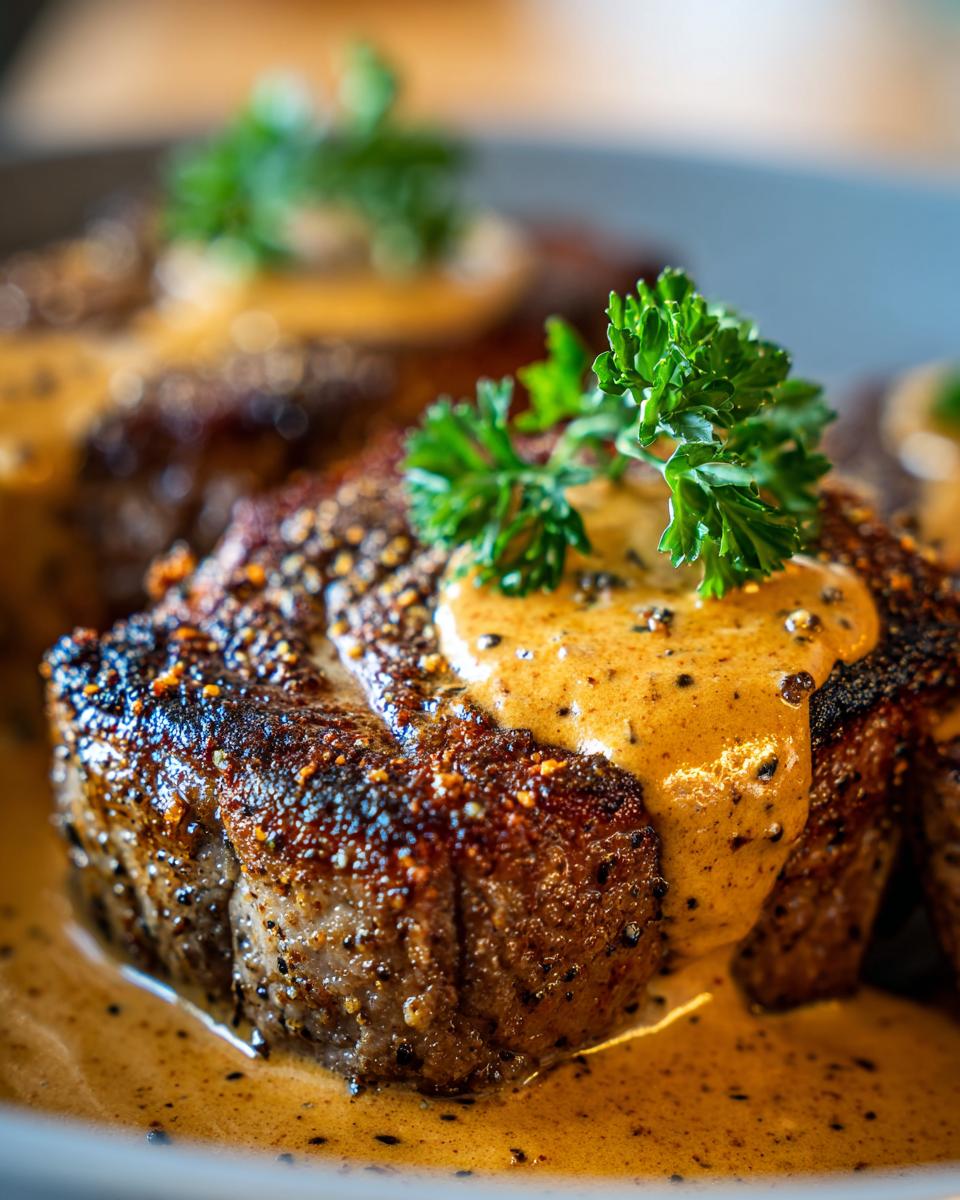 Nahaufnahme eines saftigen Parmesan-Steaks mit cremiger Pfeffersauce und frischer Petersilie garniert.