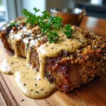 Ein saftiges Parmesan-Steak mit knuspriger Kruste, übergossen mit cremiger Pfeffersauce und garniert mit Petersilie.