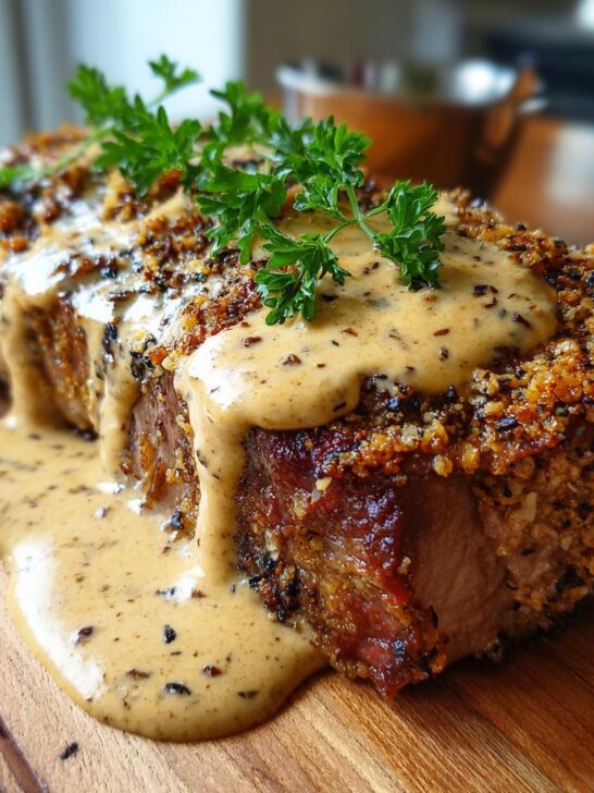 Ein saftiges Parmesan-Steak mit knuspriger Kruste, übergossen mit cremiger Pfeffersauce und garniert mit Petersilie.