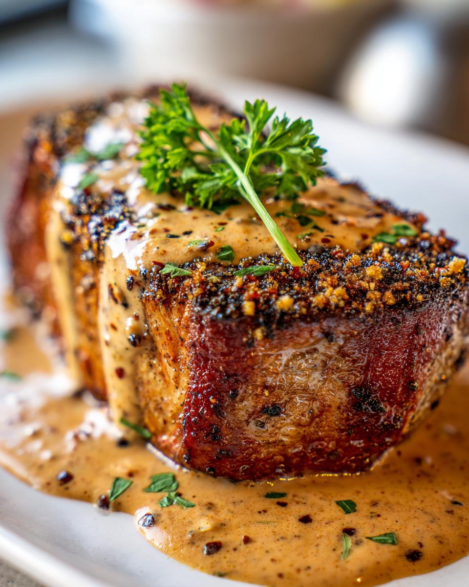 Ein saftiges Parmesan-Steak mit cremiger Pfeffersauce, garniert mit Petersilie.