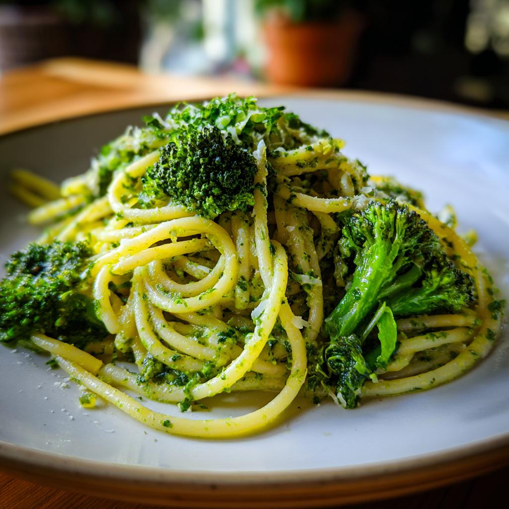 Eine Nahaufnahme von Pasta mit Kräuter-Sahnesauce und Brokkoli, garniert mit frischen Kräutern und Parmesan.