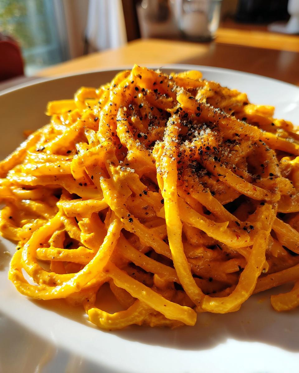 Nahaufnahme von Pasta mit Kürbis-Sahne-Sauce, bestreut mit frisch gemahlenem Pfeffer und Muskat.