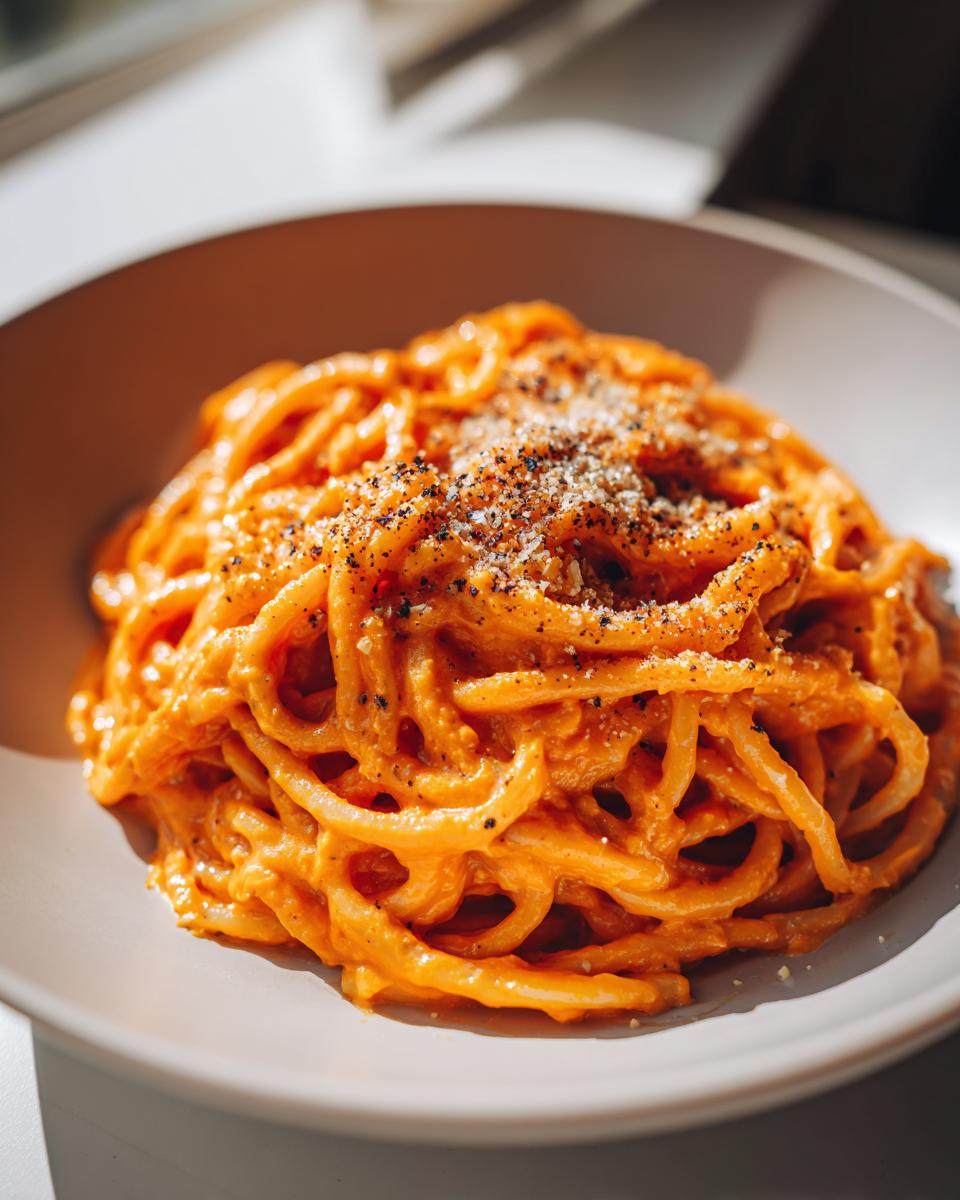 Nahaufnahme von Pasta mit Kürbis-Sahne-Sauce, bestreut mit Muskat und Parmesan.