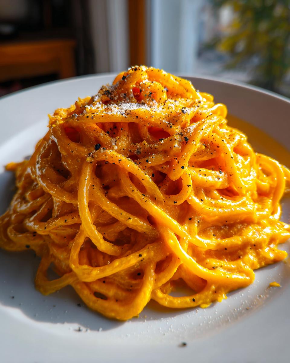 Nahaufnahme einer Portion Pasta mit Kürbis-Sahne-Sauce, bestreut mit Muskat und schwarzem Pfeffer.