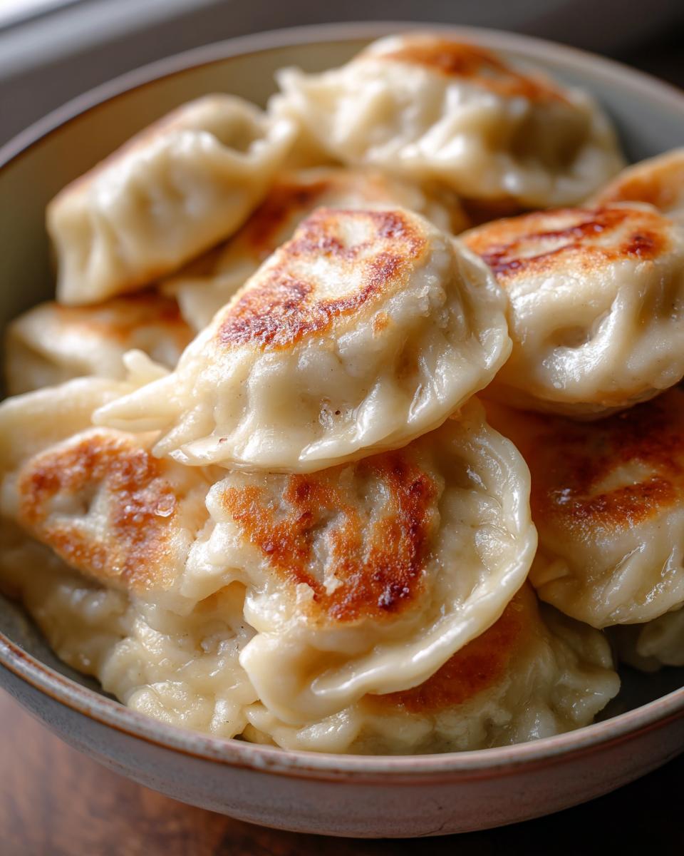 Nahaufnahme von goldbraun gebratenen Pelmeni – Russische Teigtaschen mit Hackfleischfüllung, in einer Schüssel.