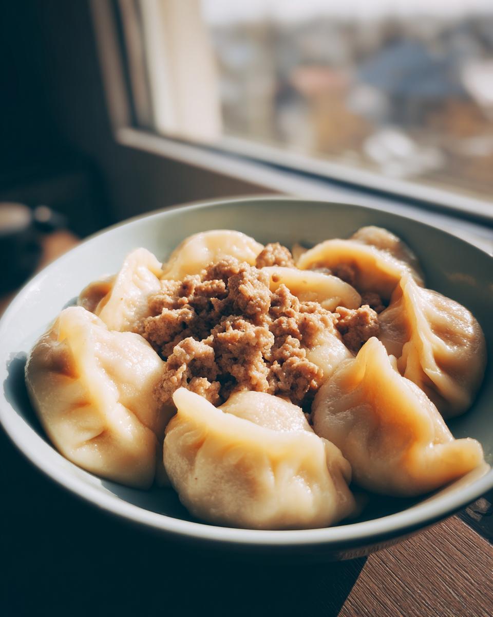 Eine Schüssel mit dampfenden Pelmeni – russische Teigtaschen mit Hackfleischfüllung, serviert mit einer zusätzlichen Portion Hackfleisch.
