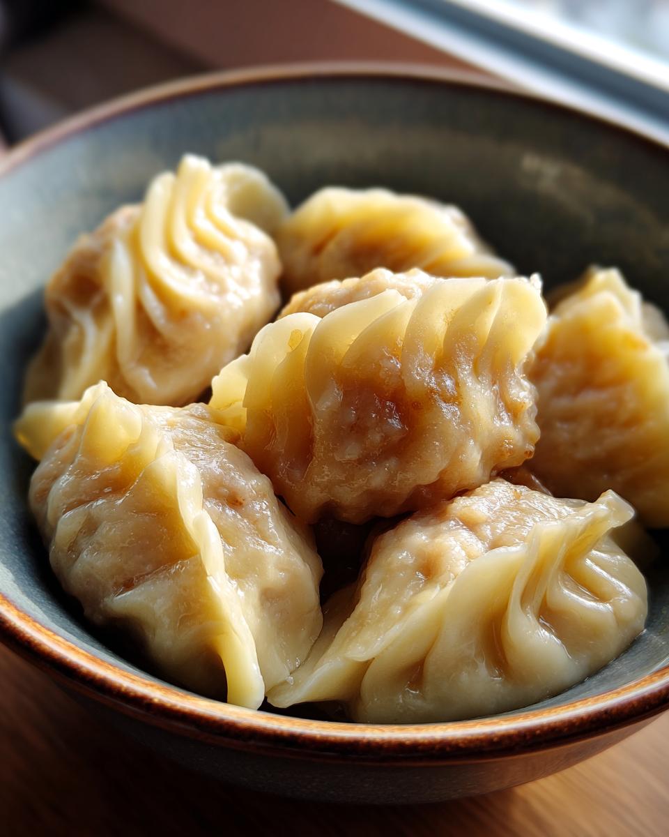 Eine Schüssel voller dampfender Pelmeni – russische Teigtaschen mit Hackfleischfüllung, appetitlich serviert.