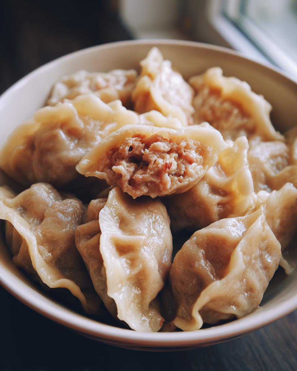 Nahaufnahme einer Schüssel mit dampfenden Pelmeni – russische Teigtaschen mit Hackfleischfüllung, eine davon aufgeschnitten.