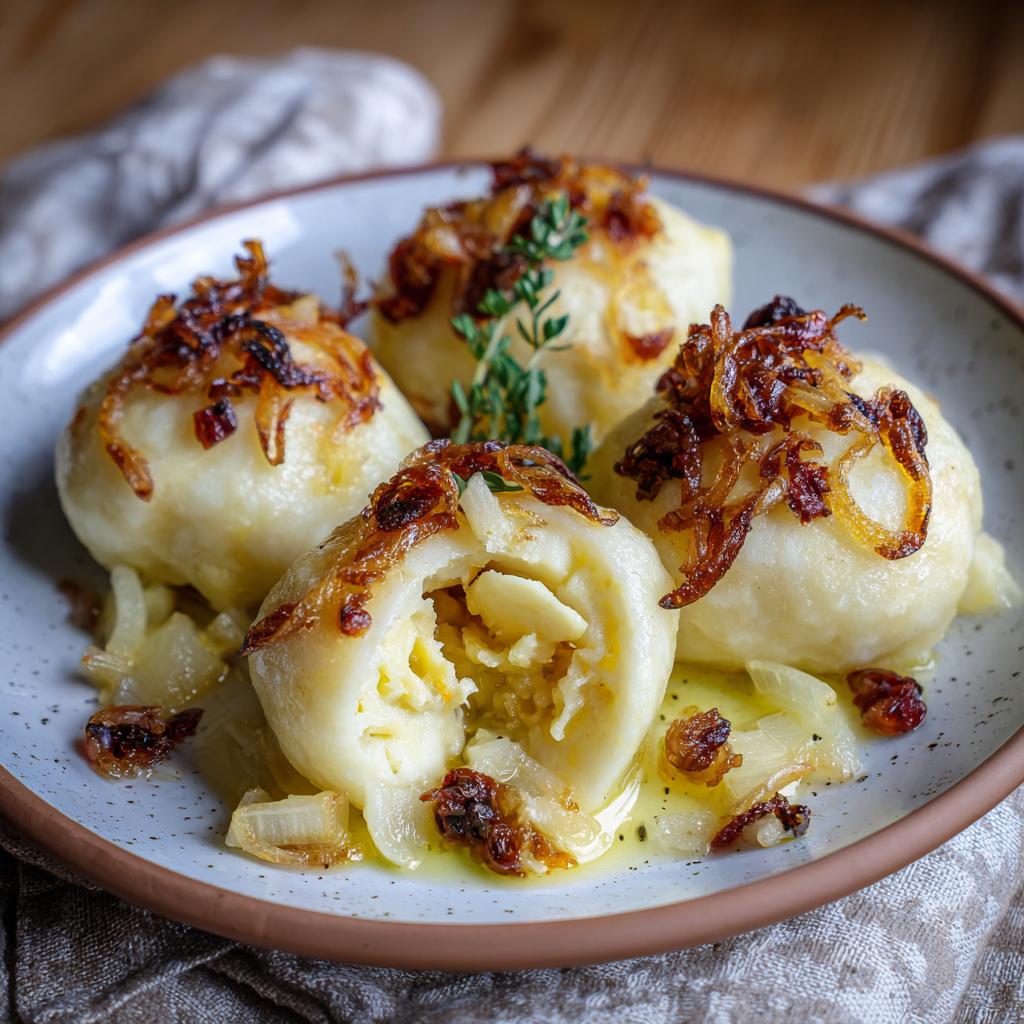 Nahaufnahme von Pierogi Ruskie, gefüllte Teigtaschen mit Kartoffeln und Quark, garniert mit gebratenen Zwiebeln.