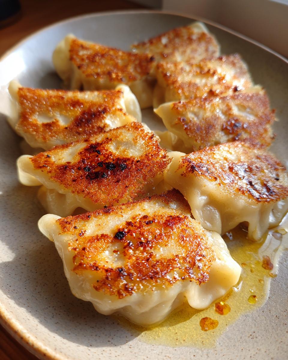 Nahaufnahme von goldbraun gebratenen Piroggen mit Pilzfüllung oder Quarkfüllung, auf einem Teller mit etwas Öl.