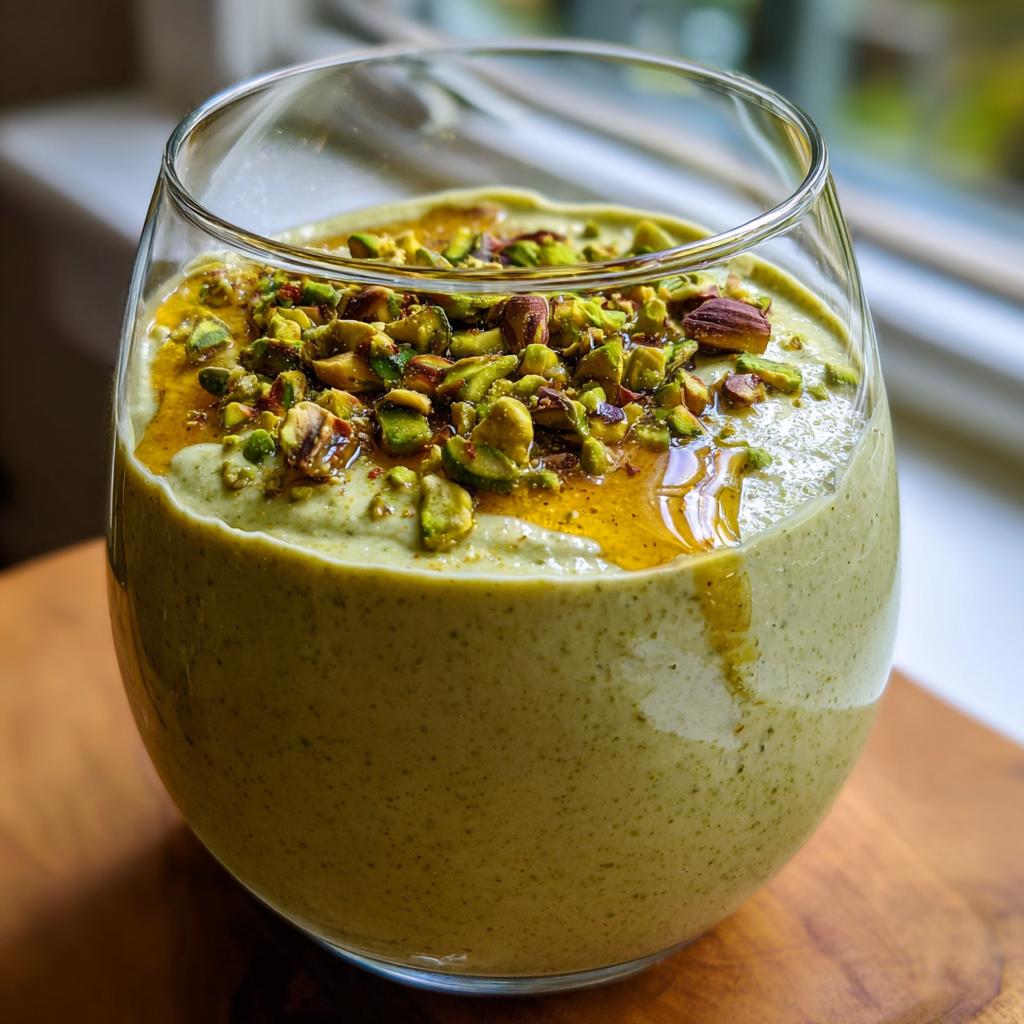 Nahaufnahme einer cremigen Pistazien-Mousse mit Honig und gehackten Pistazien garniert in einem Glas.