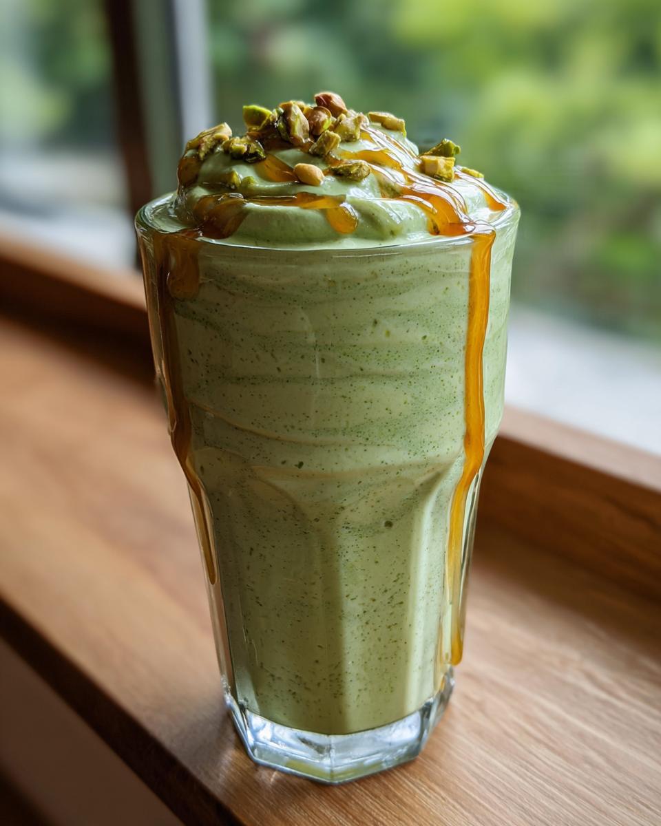 Ein Glas cremiger Pistazien-Mousse, garniert mit gehackten Pistazien und einem Honig-Drizzle.