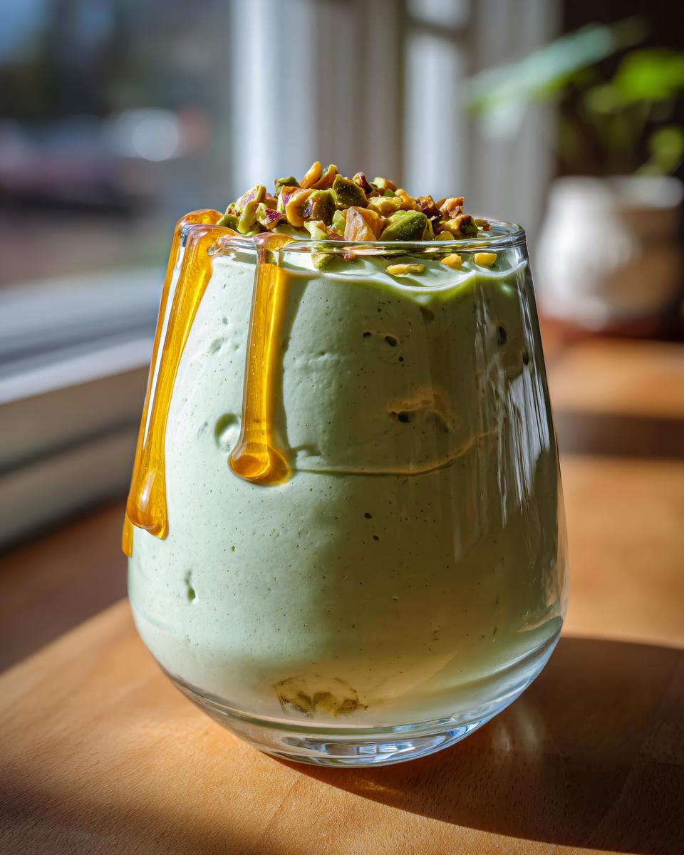 Nahaufnahme einer cremigen Pistazien-Mousse mit Honig und gehackten Pistazien garniert in einem Glas.