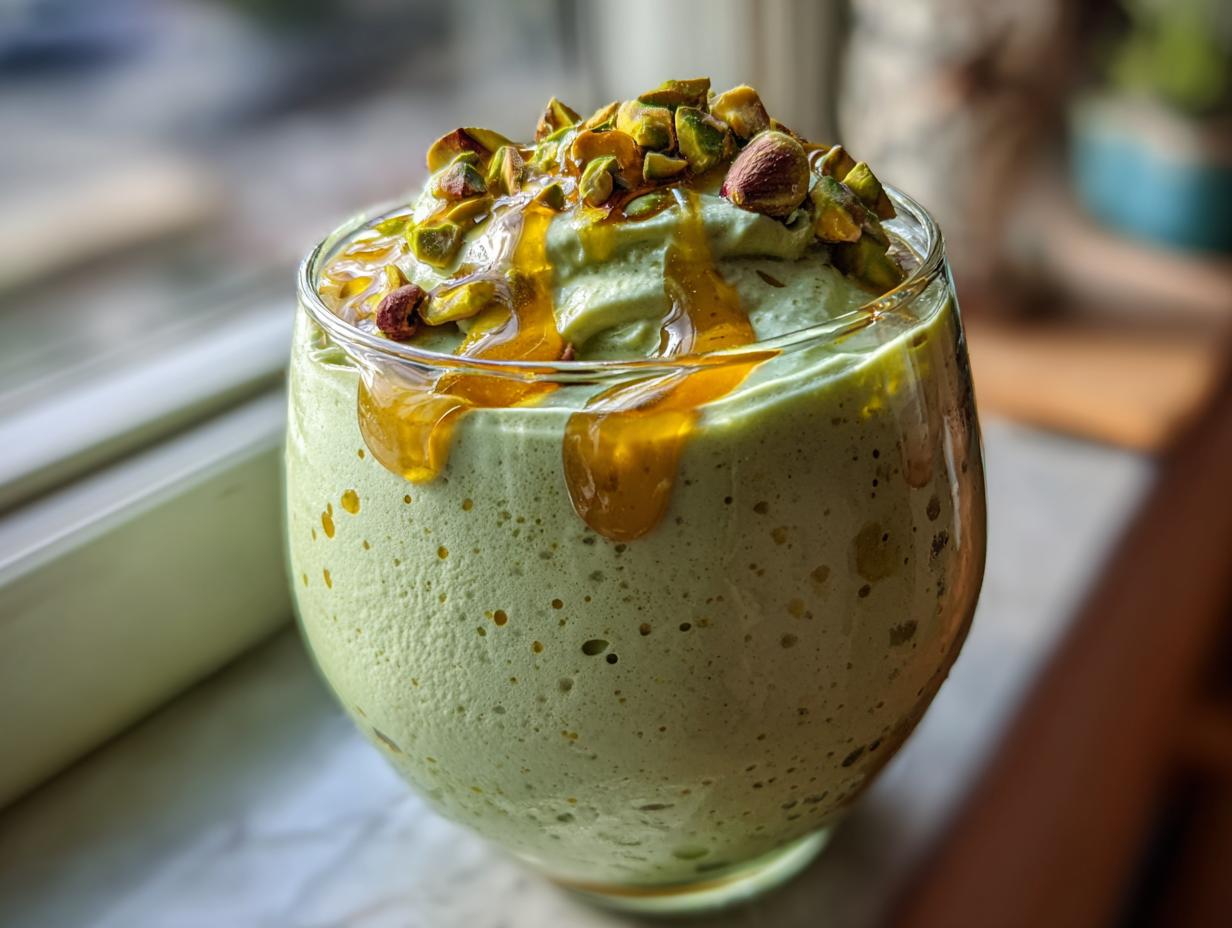 Cremige Pistazien-Mousse mit Honig beträufelt und gehackten Pistazien garniert, serviert in einem Glas.