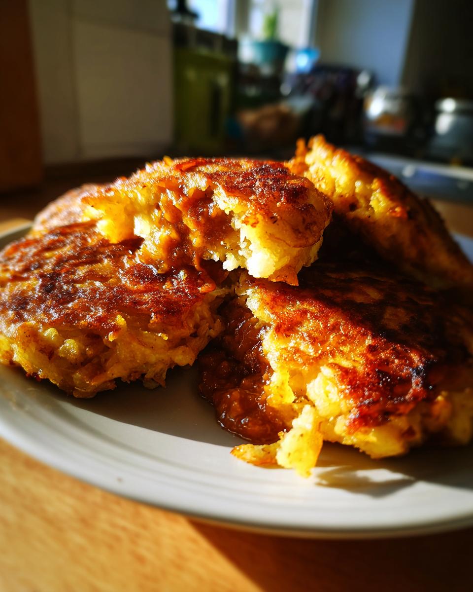 Nahaufnahme von goldbraunen Placki po węgiersku, gefüllt mit herzhaftem Gulasch, auf einem Teller.