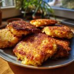 Nahaufnahme von goldbraun gebratenen Placki po węgiersku – Kartoffelpuffer auf einem Teller, perfekt für das Hauptgericht.
