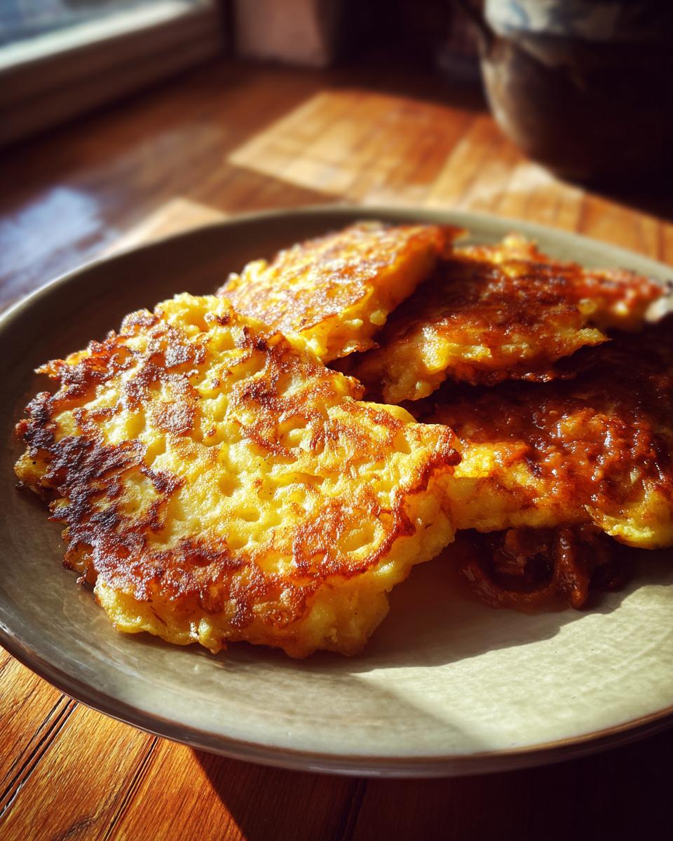 Nahaufnahme von goldbraunen Placki po węgiersku, gefüllt mit herzhaftem Gulasch, auf einem Teller.