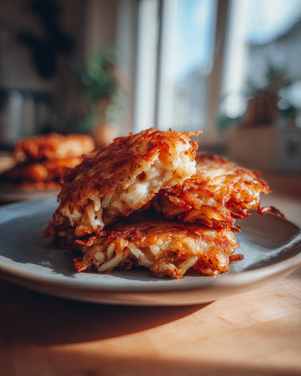 Nahaufnahme von gestapelten, goldbraunen Placki po węgiersku, knusprig gebraten und innen saftig.