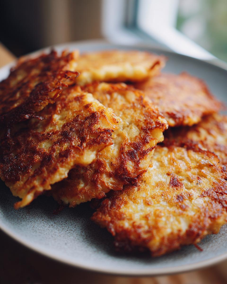 Nahaufnahme von goldbraunen, knusprigen Placki po węgiersku (Kartoffelpuffer mit Gulaschfüllung) auf einem Teller.
