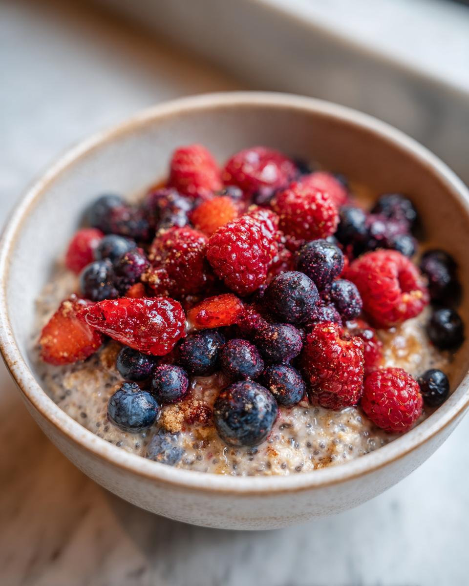 Nahaufnahme einer Schüssel Porridge mit Chiasamen und frischen Beeren wie Himbeeren und Blaubeeren.