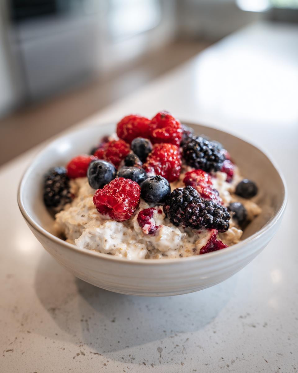 Schüssel mit cremigem Porridge mit Chiasamen und frischen Beeren wie Himbeeren, Blaubeeren und Brombeeren.
