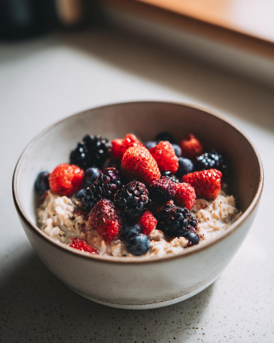 Eine Schüssel Porridge mit Chiasamen und frischen Beeren wie Erdbeeren, Blaubeeren und Brombeeren.