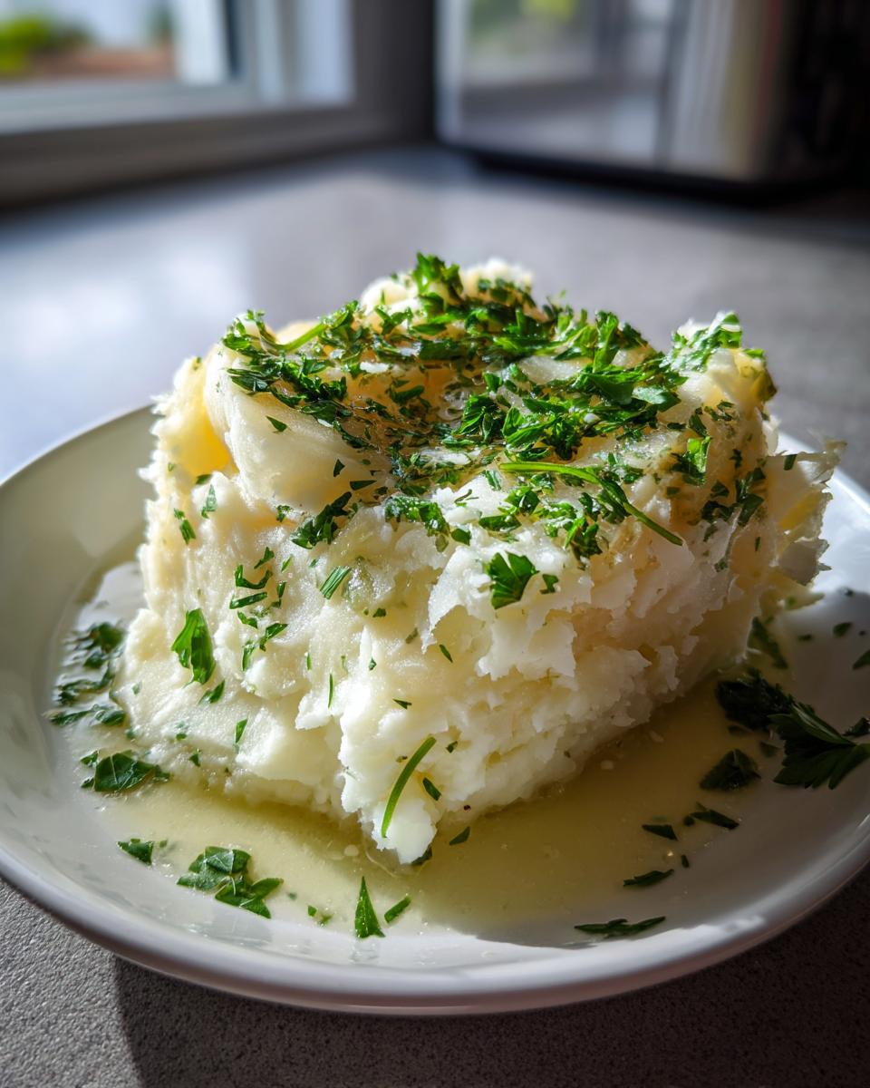 Nahaufnahme von cremigem Kartoffelstampf, bestreut mit frischer Petersilie und geschmolzener Butter.