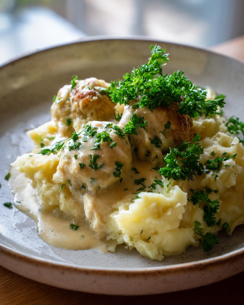 Teller mit Rahm-Kohlrabi und Kartoffelstampf, garniert mit Petersilie.