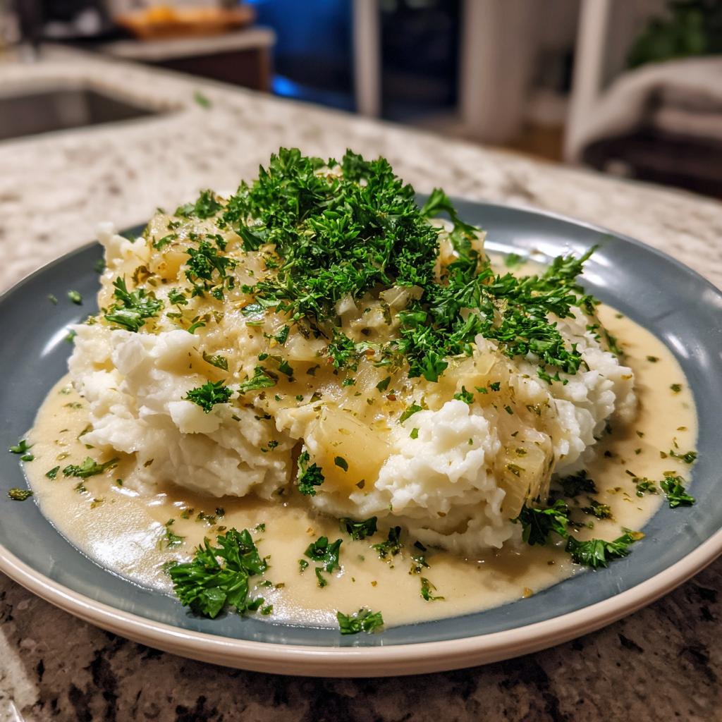 Ein Teller mit cremigem Rahm-Kohlrabi und Kartoffelstampf, garniert mit frischer Petersilie.