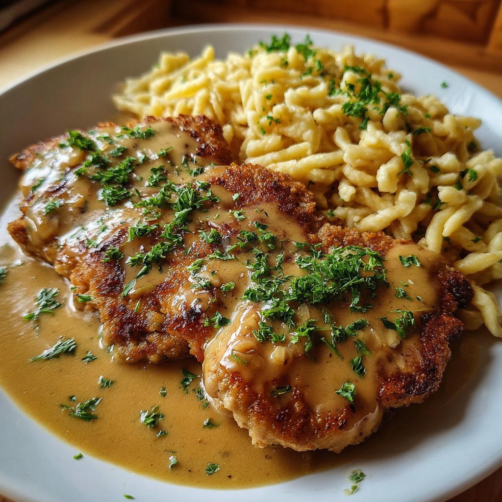 Nahaufnahme eines saftigen Rahmschnitzels mit cremiger Soße und hausgemachten Spätzle, garniert mit Petersilie.