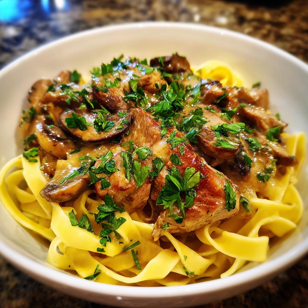 Nahaufnahme von Rahmgeschnetzeltes mit Bandnudeln und Pilzen, garniert mit frischer Petersilie.