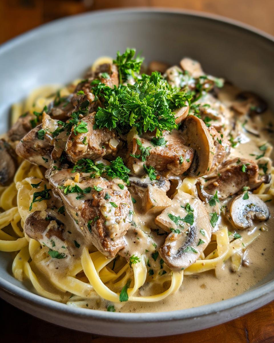 Nahaufnahme von Rahmgeschnetzeltes mit Bandnudeln und Pilzen, garniert mit frischer Petersilie.