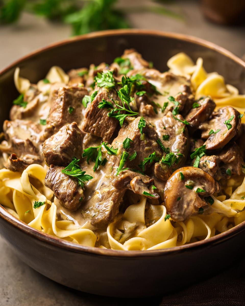 Herzhaftes Rahmgeschnetzeltes mit Bandnudeln und Pilzen, garniert mit frischer Petersilie.