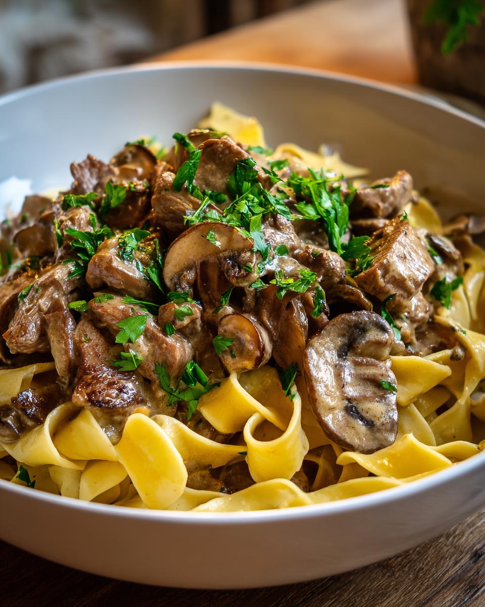 Nahaufnahme von Rahmgeschnetzeltes mit Bandnudeln und Pilzen, garniert mit Petersilie.