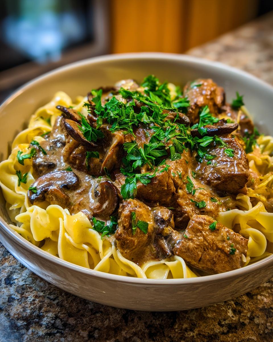 Ein Teller Rahmgeschnetzeltes mit Bandnudeln und Pilzen, garniert mit frischer Petersilie.