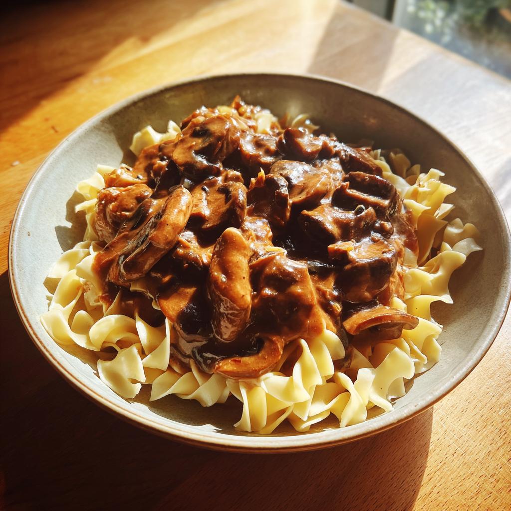 Ein Teller mit Rahmgeschnetzeltes mit Bandnudeln und Pilzen, serviert in einer Schüssel.