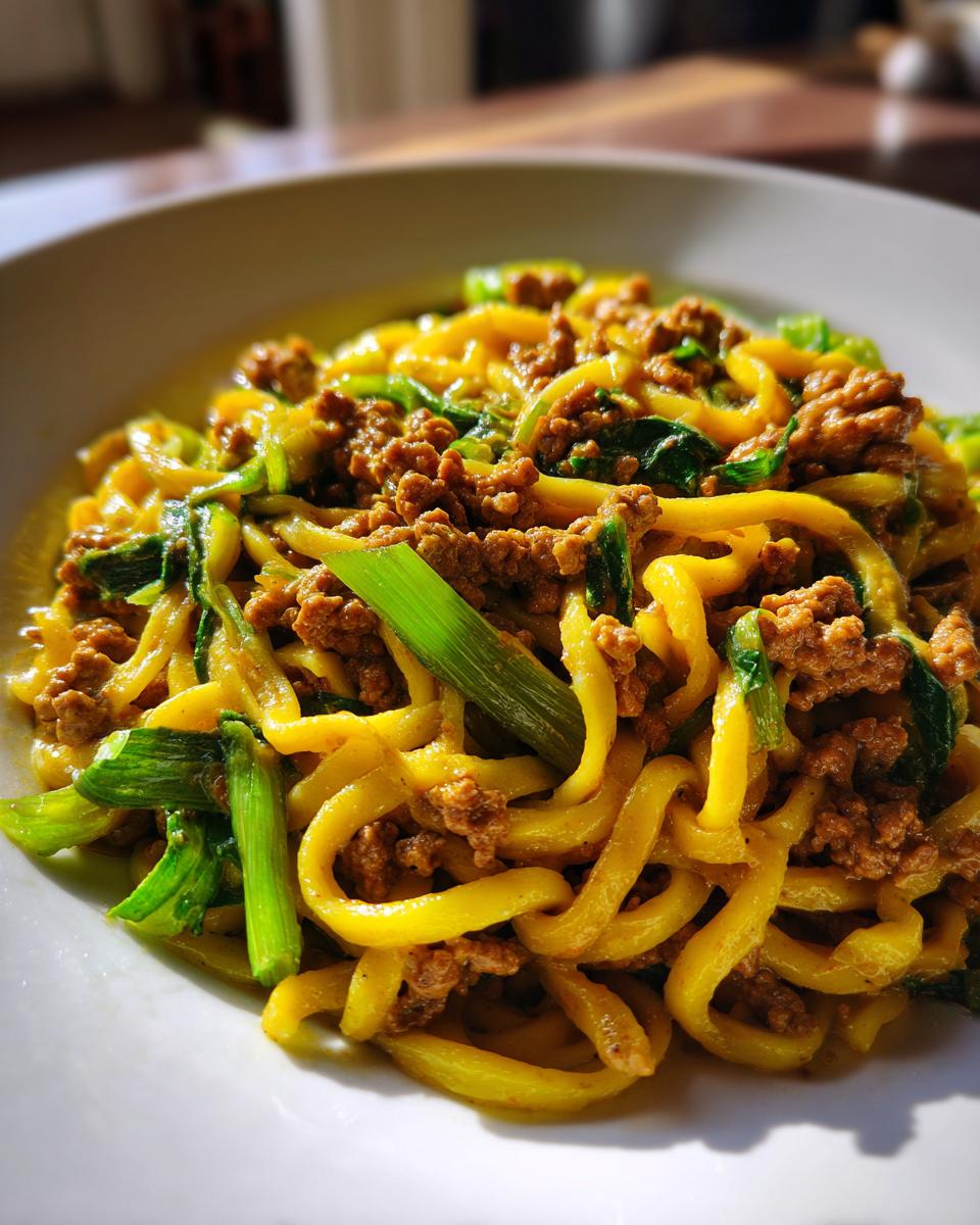 Nahaufnahme von Rahmnudeln mit Lauch und Hackfleisch, ein herzhaftes und schnelles Gericht.