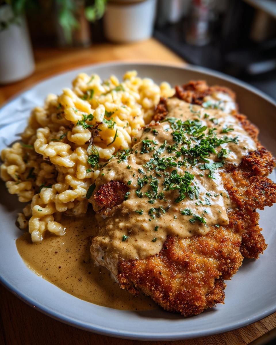 Ein Teller mit goldbraunem Rahmschnitzel und frischen Spätzle, garniert mit Petersilie.