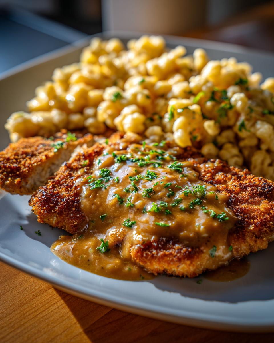 Ein Teller mit goldbraun paniertem Rahmschnitzel, übergossen mit cremiger Sauce und garniert mit Petersilie, daneben eine Portion Spätzle.