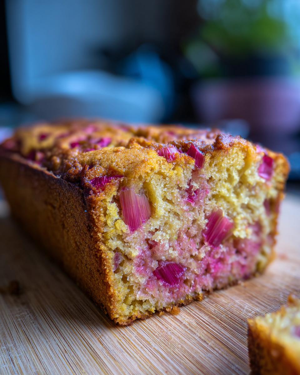 Nahaufnahme eines angeschnittenen Rhabarber-Blechkuchens mit saftigen Rhabarberstücken im goldbraunen Teig.