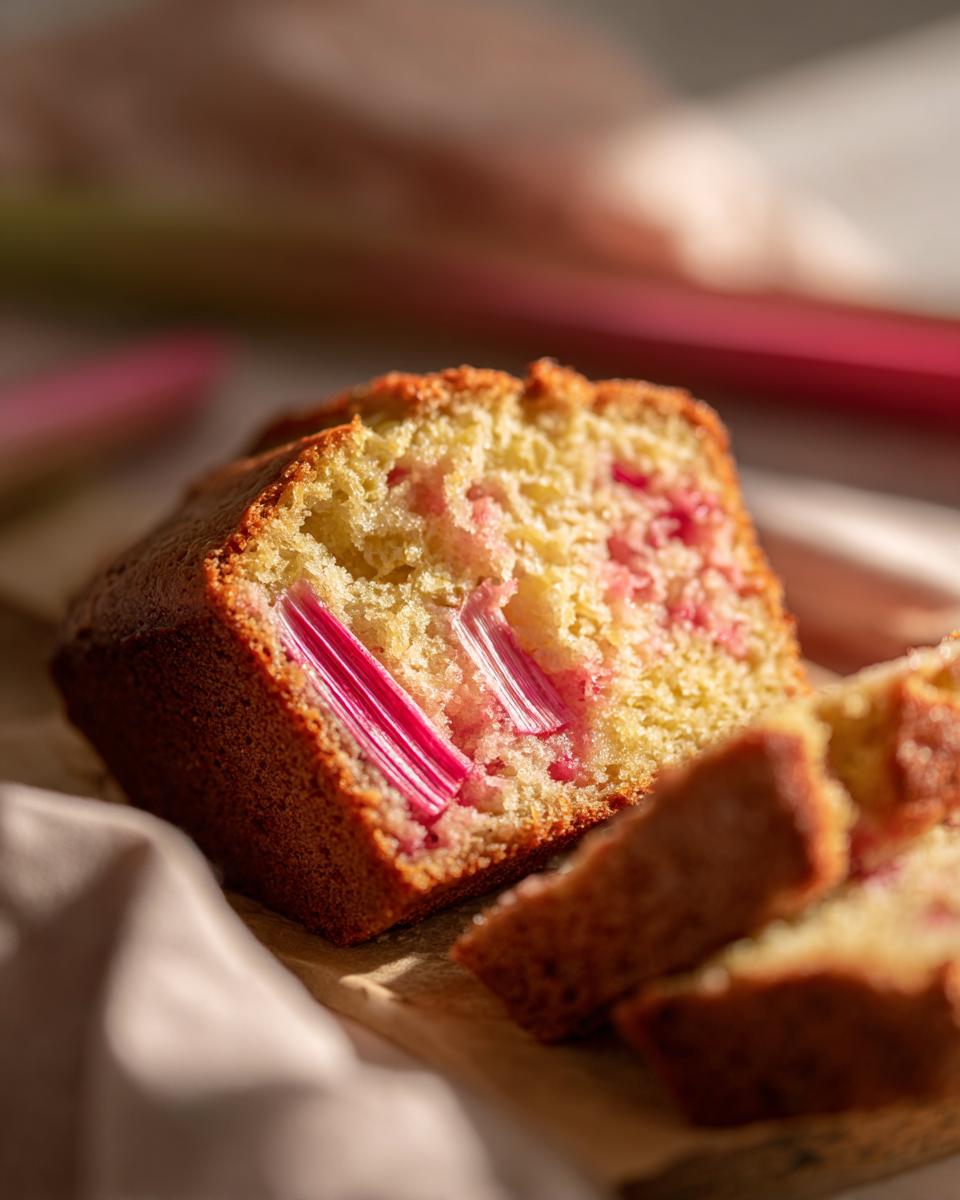 Nahaufnahme eines saftigen Rhabarber-Blechkuchens mit sichtbaren Rhabarberstücken und goldbrauner Kruste.