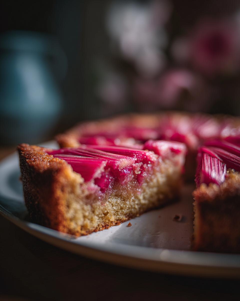 Ein Anschnitt von einem saftigen Rhabarber-Blechkuchen auf einem Teller, mit leuchtend pinken Rhabarberstücken.