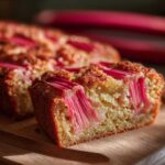 Nahaufnahme eines saftigen Stücks Rhabarber-Blechkuchen mit leuchtend roten Rhabarberstücken und goldbraunem Teig.