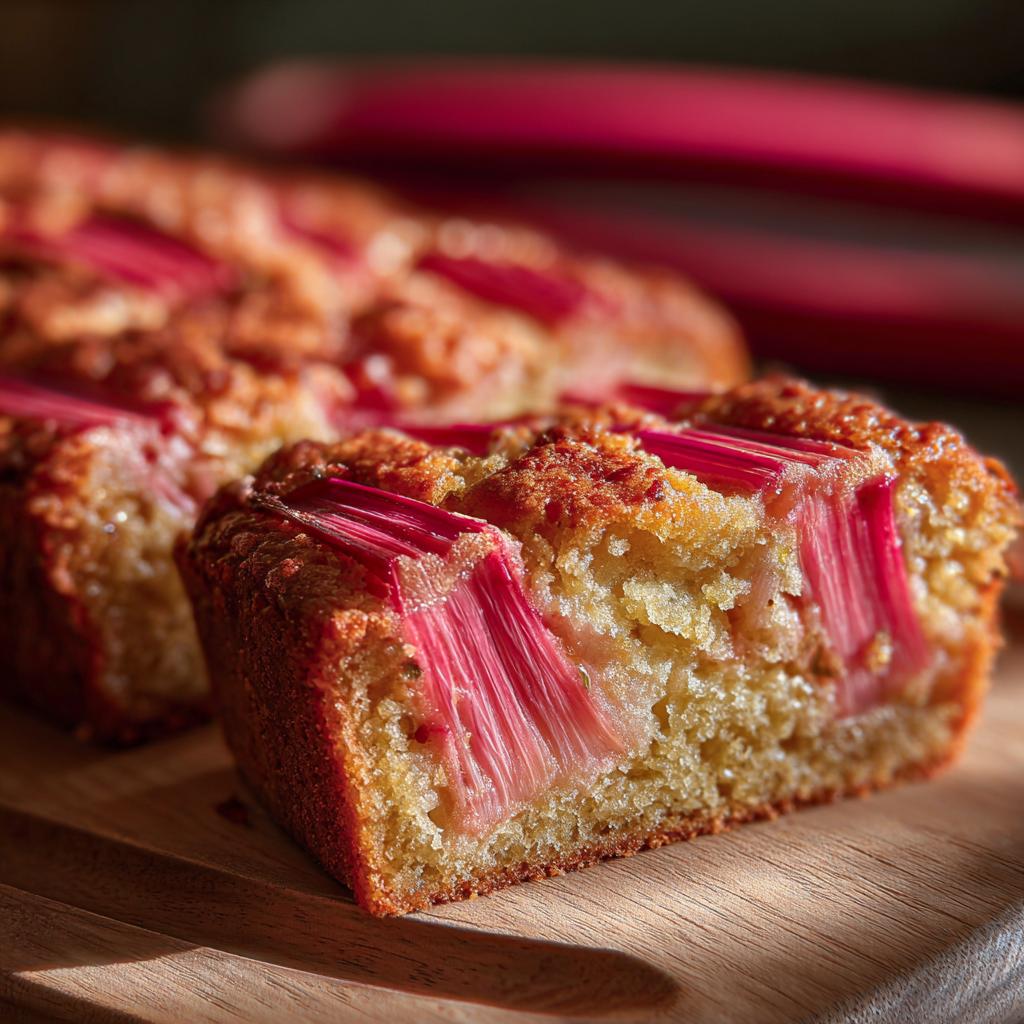 Nahaufnahme eines saftigen Stücks Rhabarber-Blechkuchen mit leuchtend roten Rhabarberstücken und goldbraunem Teig.