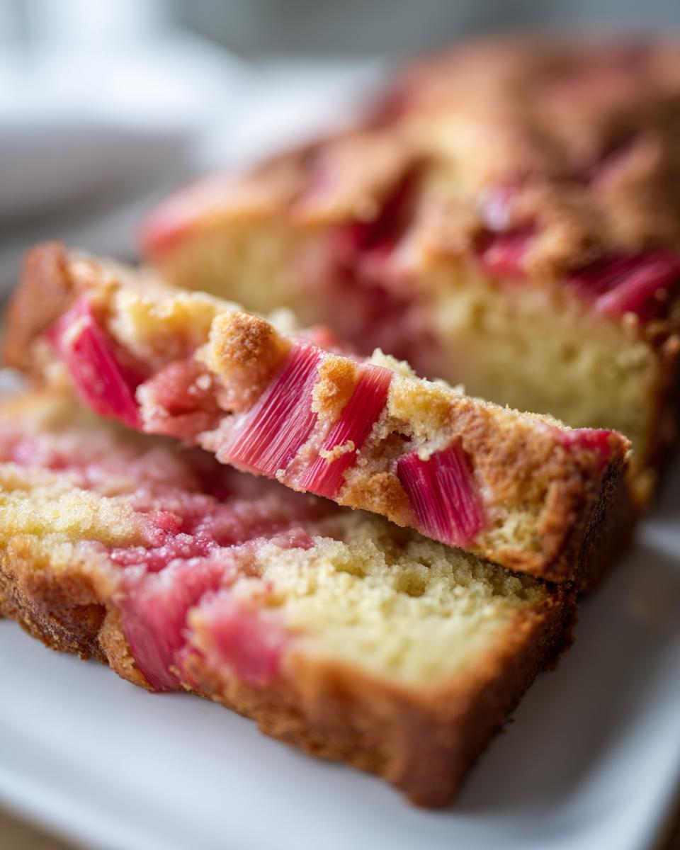 Nahaufnahme von zwei Scheiben saftigem Rhabarber-Blechkuchen mit leuchtend roten Rhabarberstücken.