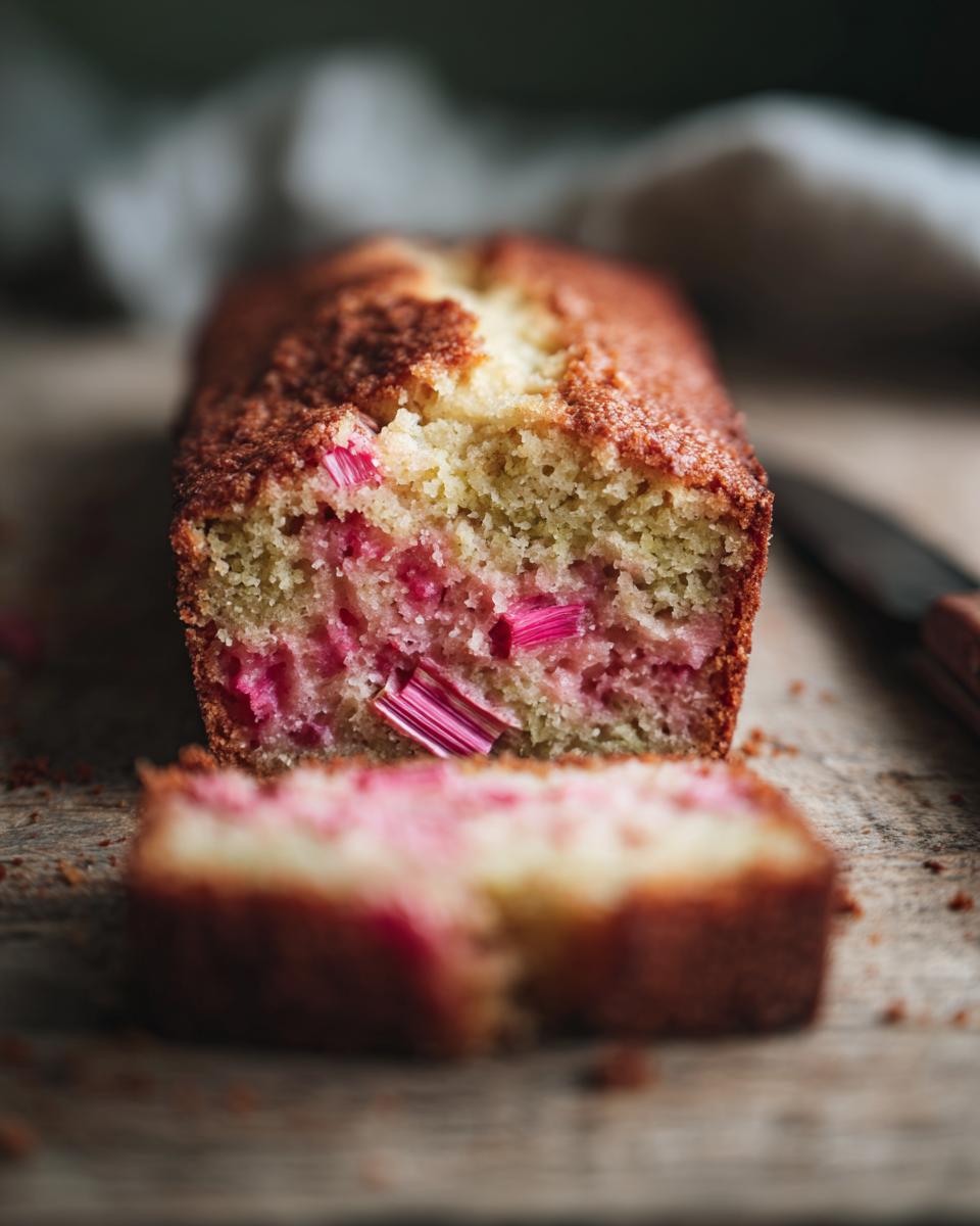 Nahaufnahme eines aufgeschnittenen Rhabarber-Blechkuchens mit saftigen Rhabarberstücken und knusprigen Streuseln.