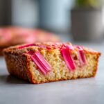 Nahaufnahme eines Stücks saftigen Rhabarber-Blechkuchens mit leuchtend pinken Rhabarberstreifen.