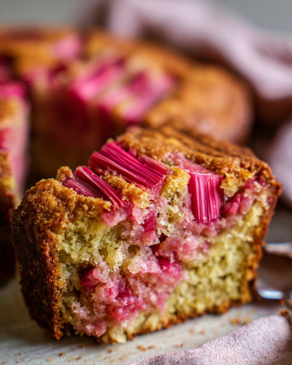 Nahaufnahme eines saftigen Stücks Rhabarber-Blechkuchen mit leuchtend roten Rhabarberstücken und goldbraunem Teig.