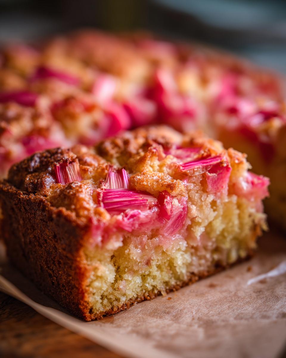 Ein saftiges Stück Rhabarber-Blechkuchen mit leuchtend pinken Rhabarberstücken und goldbrauner Kruste.