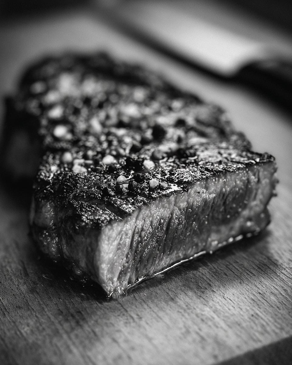 Nahaufnahme eines perfekt gebratenen Stücks Rindergeschnetzeltes Zürcher Art mit grober Pfefferkruste.